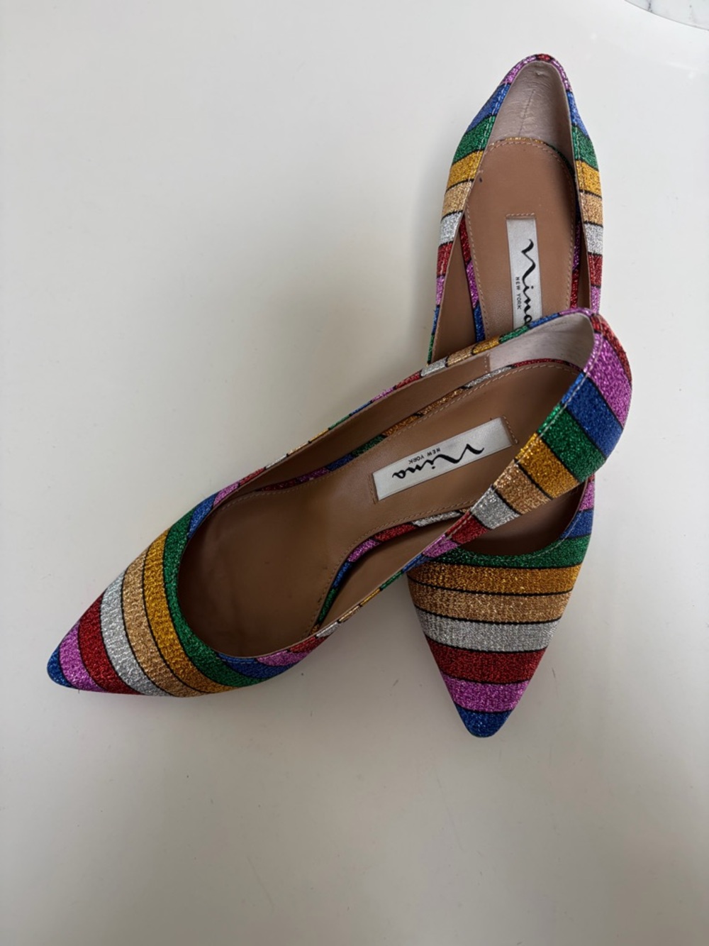 Nina Rainbow Glitter Striped Pointed-Toe Heels